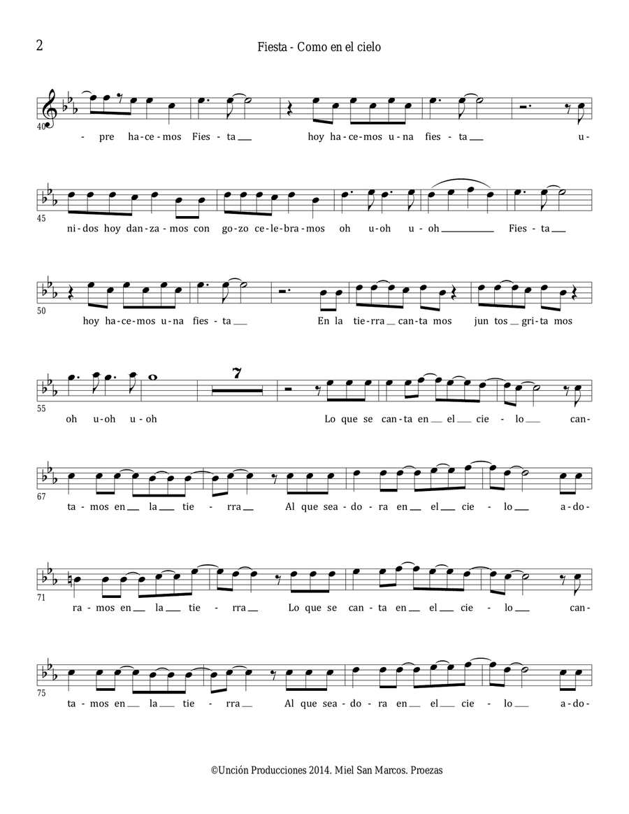 Miel San Marcos - FIESTA (Partitura) - Álbum Como en el Cielo Voice Solo scores gallery preview page 3