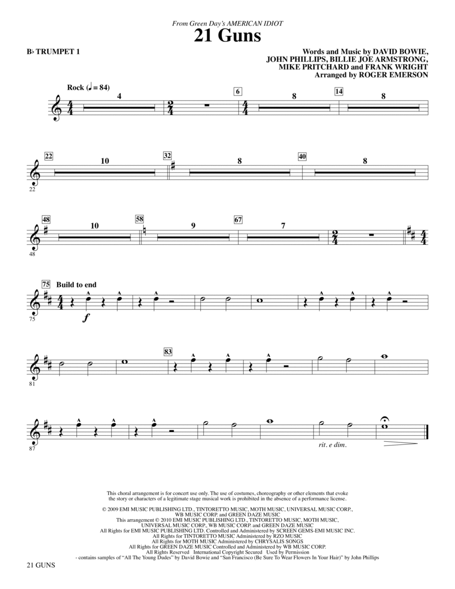 21 Guns (from American Idiot) (arr. Roger Emerson) - Trumpet 1 Choir scores gallery preview page 1
