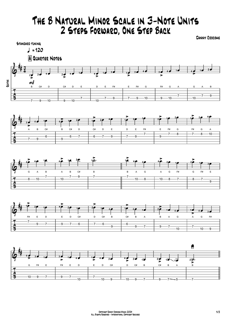 The B Natural Minor Scale in 3-Note Units (2 Steps Forward, One Step Back)