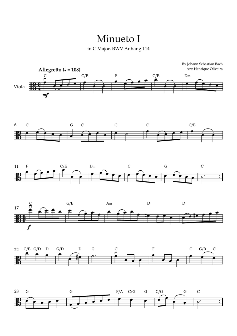 Minueto I in G Major, BWV Anhang 114 (Viola + Chords) Viola scores gallery preview page 1