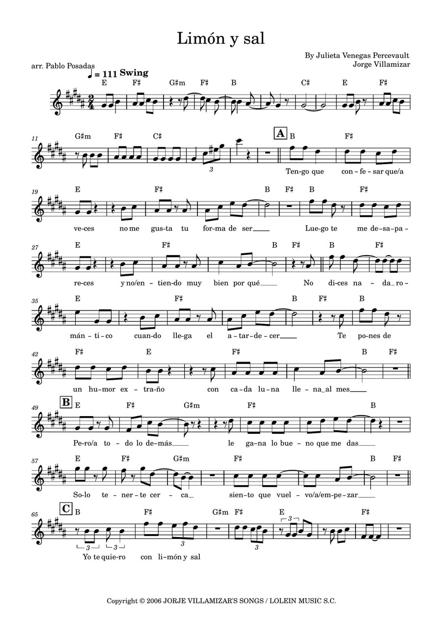 Limon Y Sal Limon Y Sal Piano, Vocal, Guitar scores gallery preview page 1