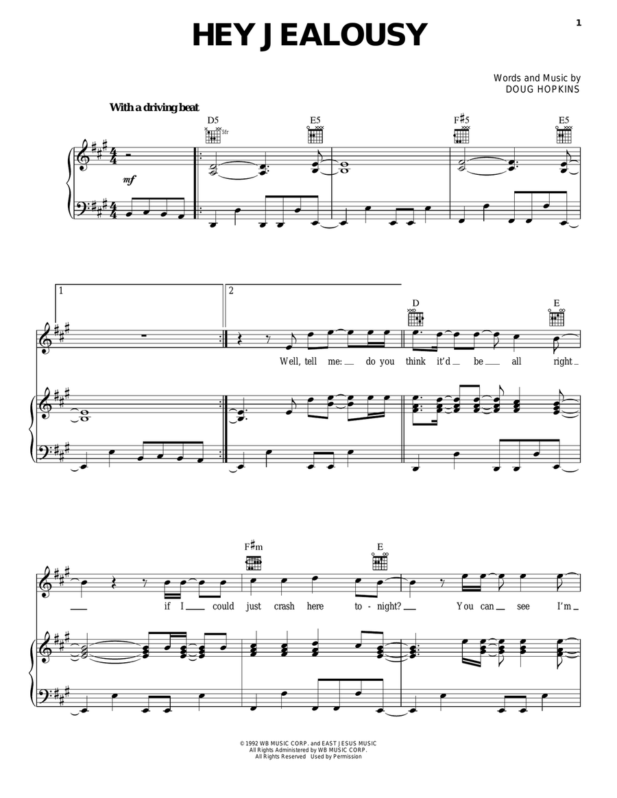Hey Jealousy Piano, Vocal, Guitar scores gallery preview page 1