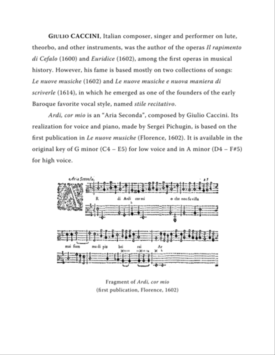 CACCINI Giulio: Ardi, cor mio, aria, arranged for Voice and Piano (G minor) Small Ensemble scores gallery preview page 2