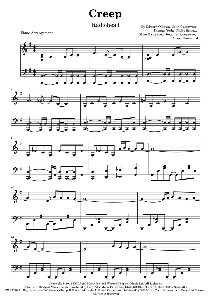 Creep Piano Solo scores gallery preview page 1