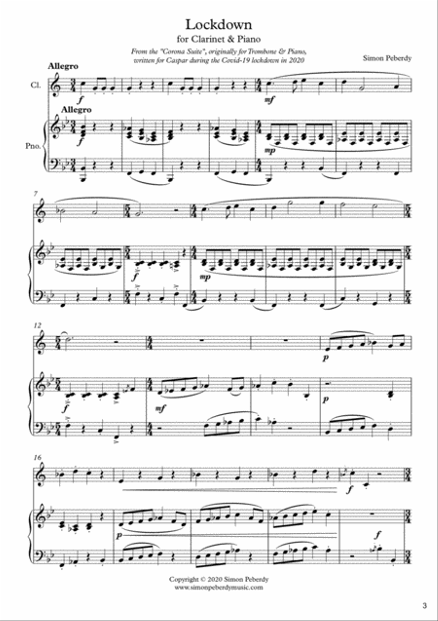 Corona Suite for Clarinet and Piano by Simon Peberdy Small Ensemble scores gallery preview page 3