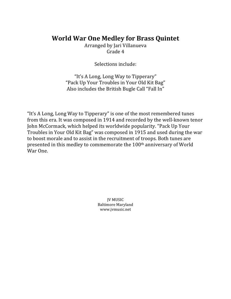 World War I Medley for Brass Quintet-Long, Long Way to Tipperary and Pack Up Your Troubles Brass Quintet scores gallery preview page 2