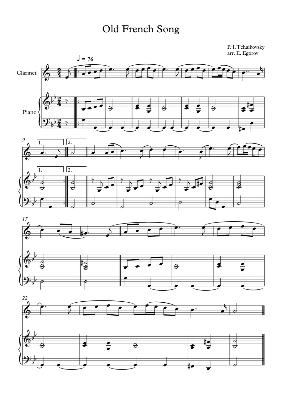 Old French Song, Peter Ilyich Tchaikovsky, For Clarinet & Piano Clarinet Solo scores gallery preview page 1
