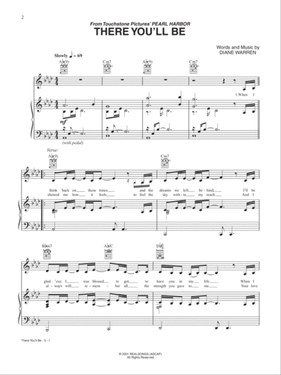 There You'll Be (from Pearl Harbor) Piano, Vocal, Guitar scores gallery preview page 1