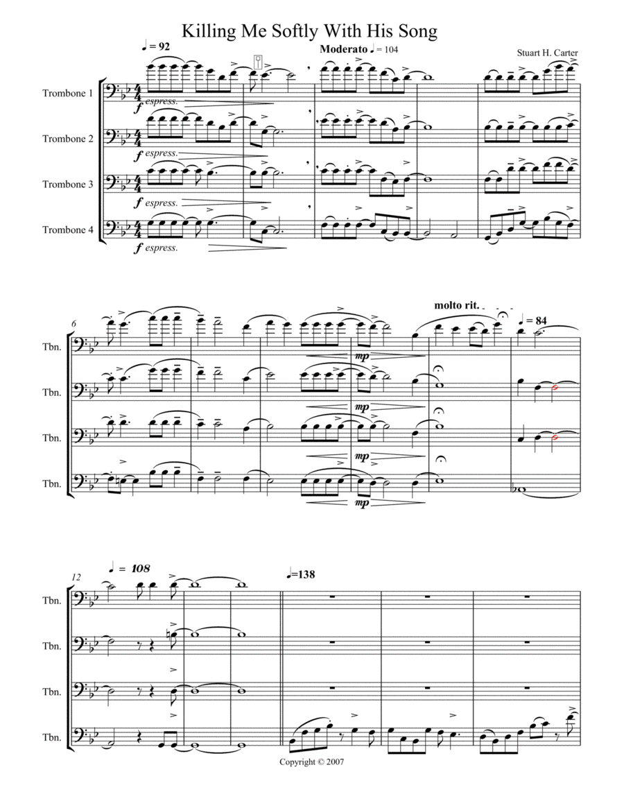 Killing Me Softly With His Song - Score Only Brass Quartet scores gallery preview page 1