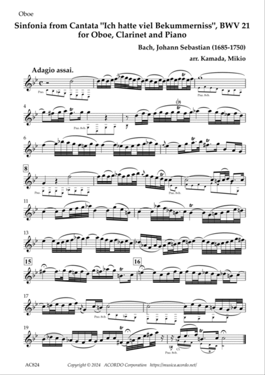 Sinfonia from Cantata "Ich hatte viel Bekummerniss", BWV 21 for Oboe, Clarinet and Piano image number null