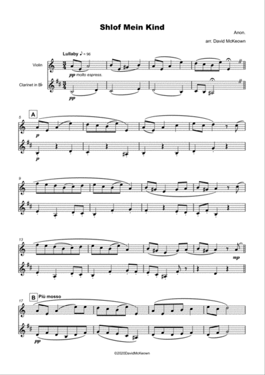 Shlof Mein Kind, Jewish Lullaby for Violin and Clarinet Duet Clarinet Duet scores gallery preview page 2