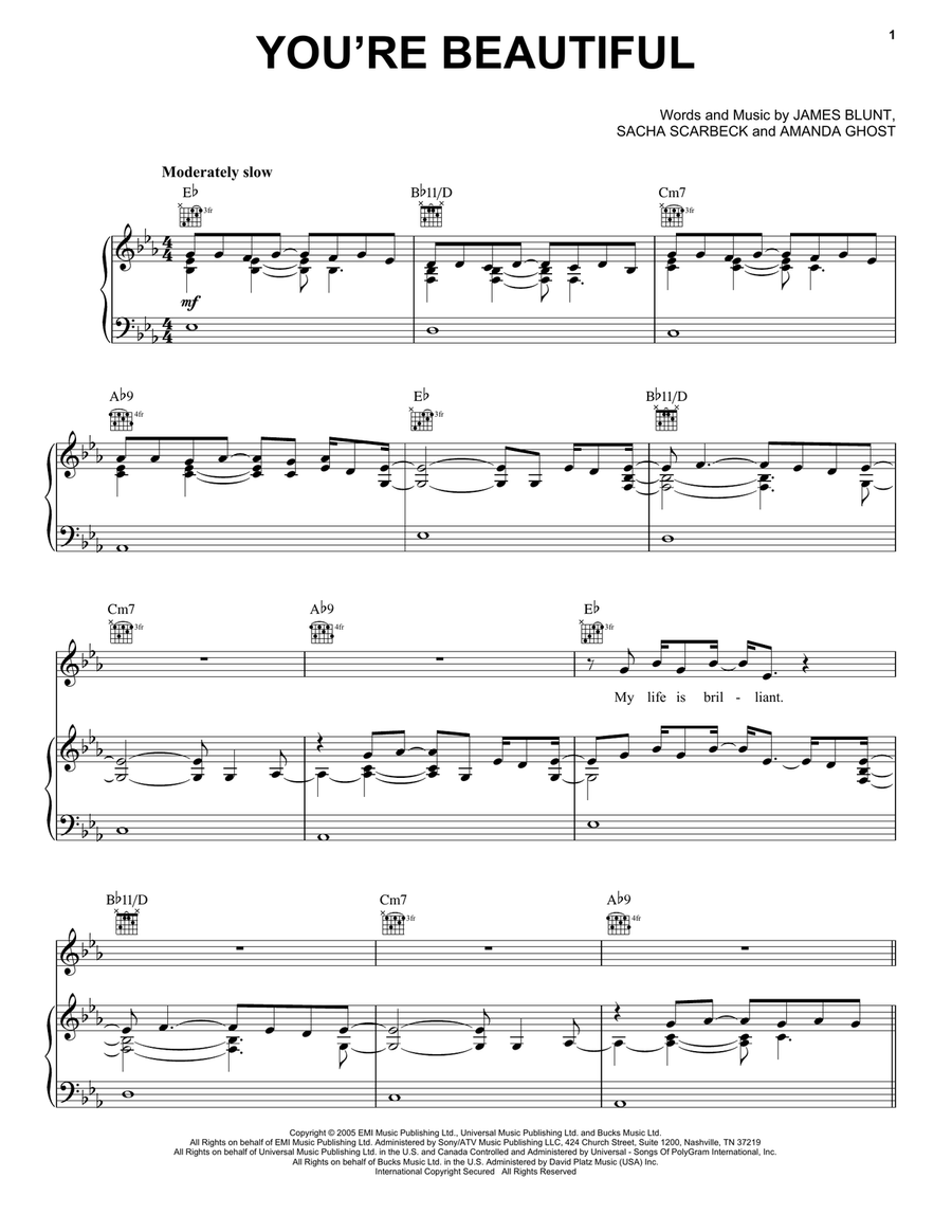 You're Beautiful Piano, Vocal, Guitar scores gallery preview page 1