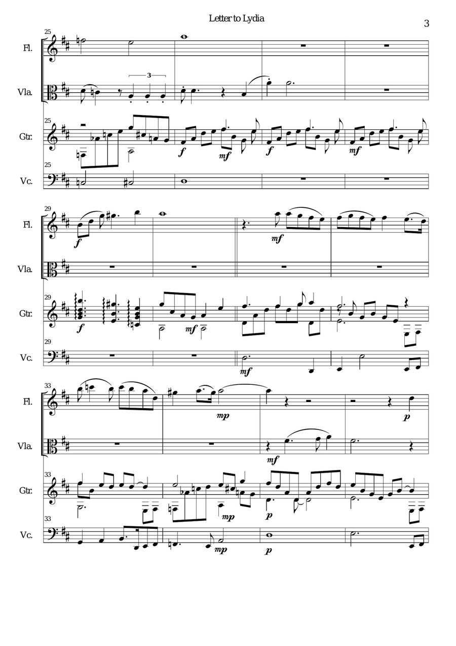 Letter to Lydia for viola, flute, cello and guitar Small Ensemble scores gallery preview page 3