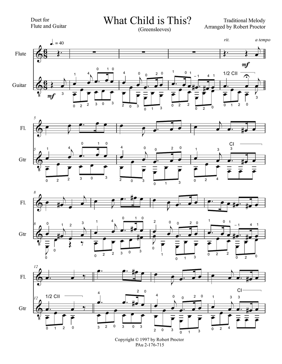What Child is This (Greensleeves) Duet for Flute and Guitar Flute scores gallery preview page 1