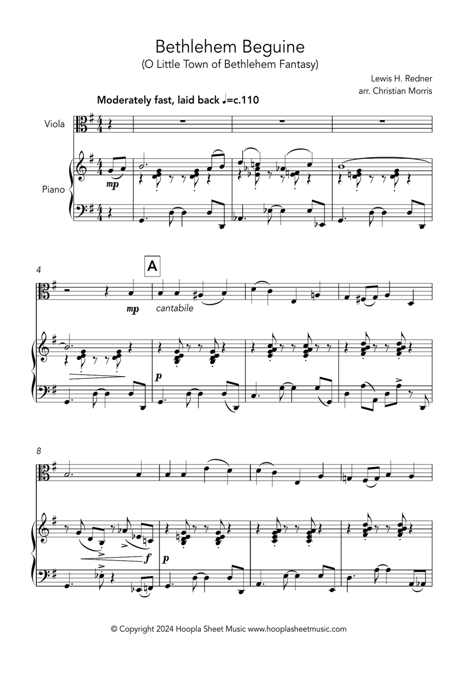 Bethlehem Beguine (O Little Town of Bethlehem Fantasy) Viola scores gallery preview page 1