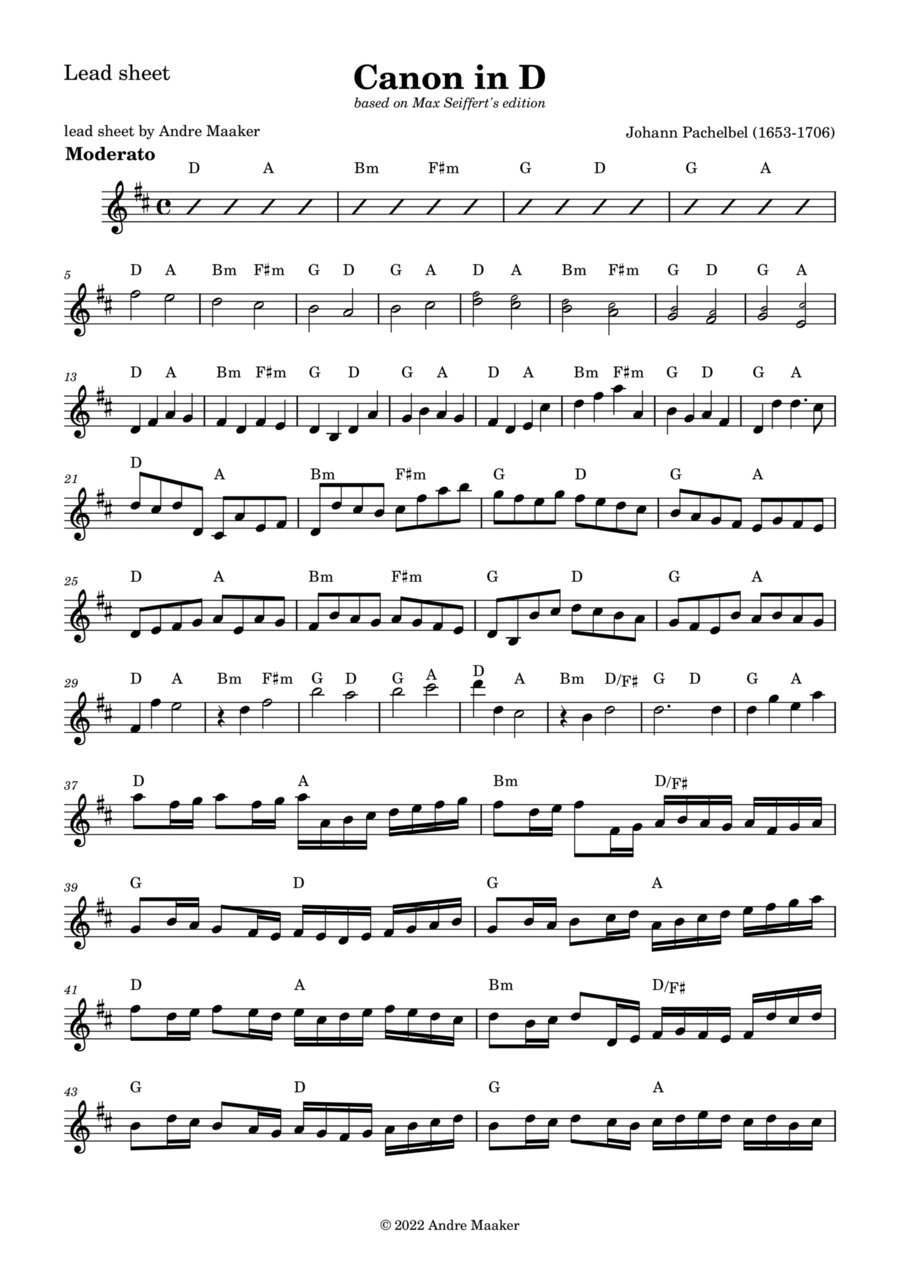 Johann Pachelbel - Canon in D - lead sheet Piano scores gallery preview page 1