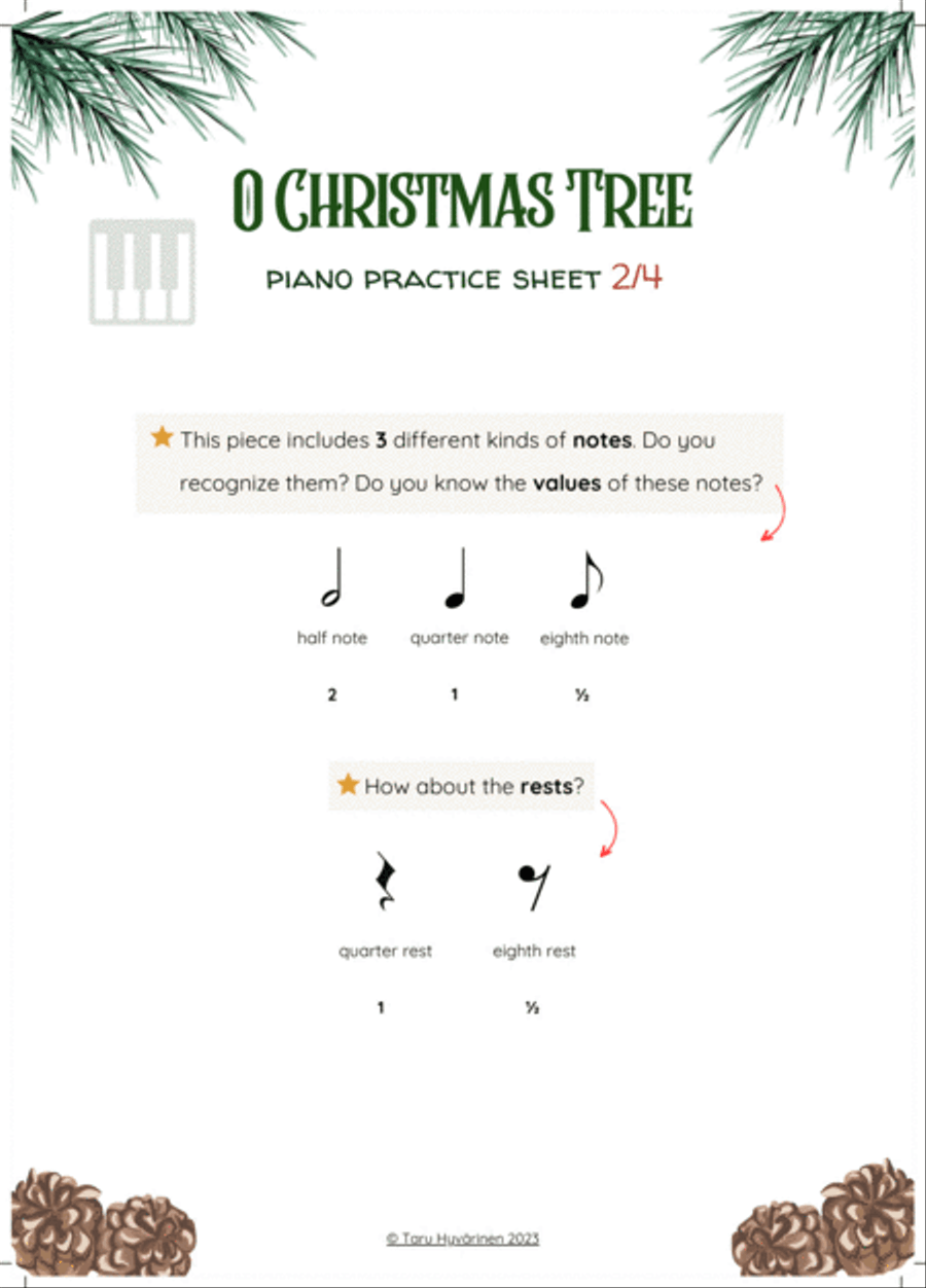'O Christmas Tree' Easy Beginner Piano PRACTICE SHEET + Sheet Music for Kids | Christmas Carol Piano Method scores gallery preview page 3