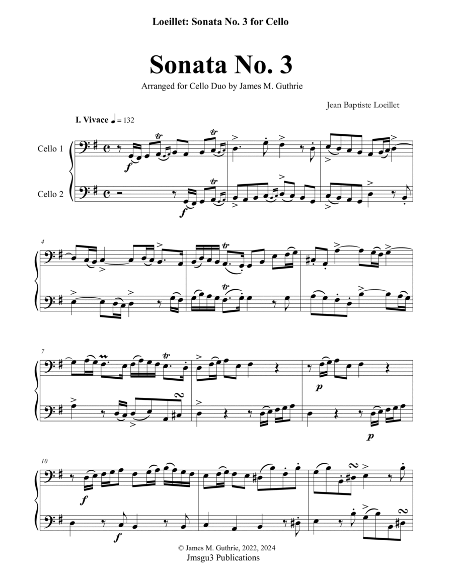 Loeillet: Sonata No. 3 for Cello Duo String Duet scores gallery preview page 1