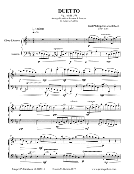 CPE Bach: Duetto Wq. 140 for Oboe d'Amore & Bassoon image number null