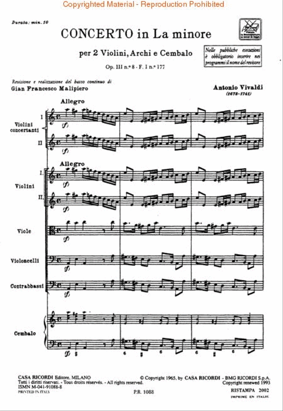 Concerto in A Minor for 2 Violins Strings and Basso Continuo, Op.3 No.8, RV522 Orchestra scores gallery preview page 2