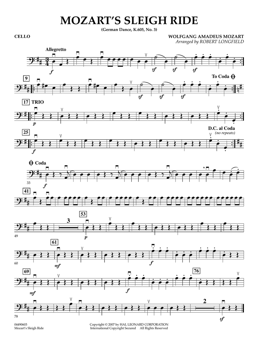 Mozart's Sleigh Ride (German Dance, K.605, No.3) - Cello Orchestra scores gallery preview page 1