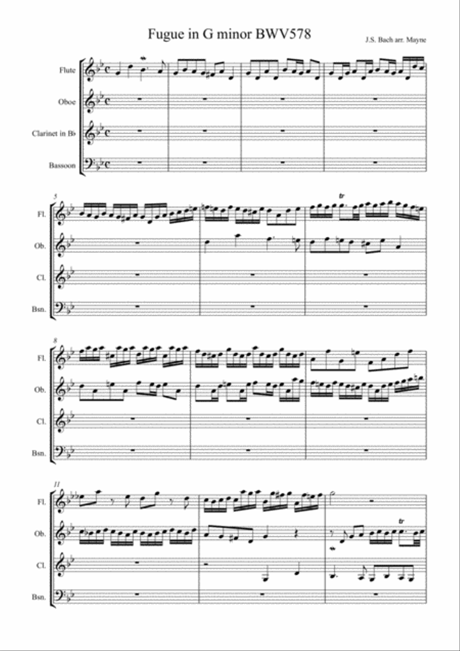 Bach Fugue in Gm BMV 578 - Arrangement for Wind Quartet Woodwind Quartet scores gallery preview page 1