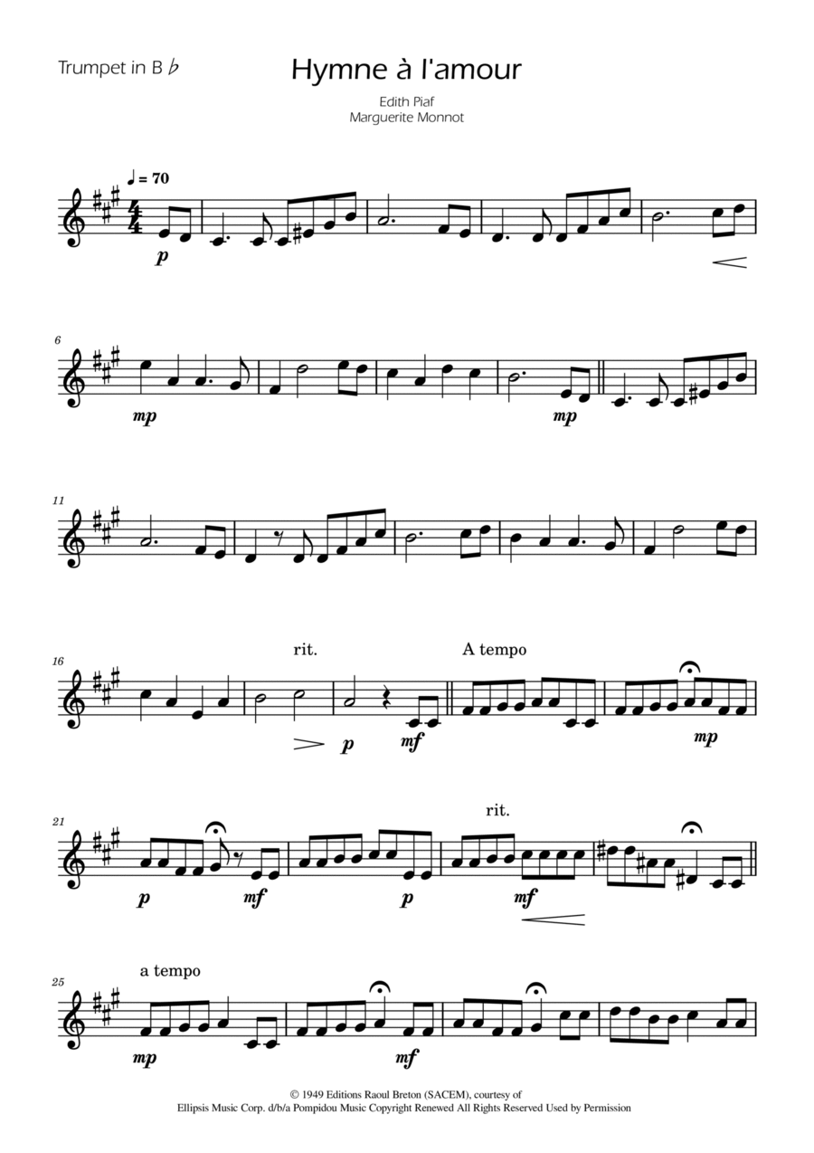 Hymne A L'amour B-Flat Trumpet scores gallery preview page 1