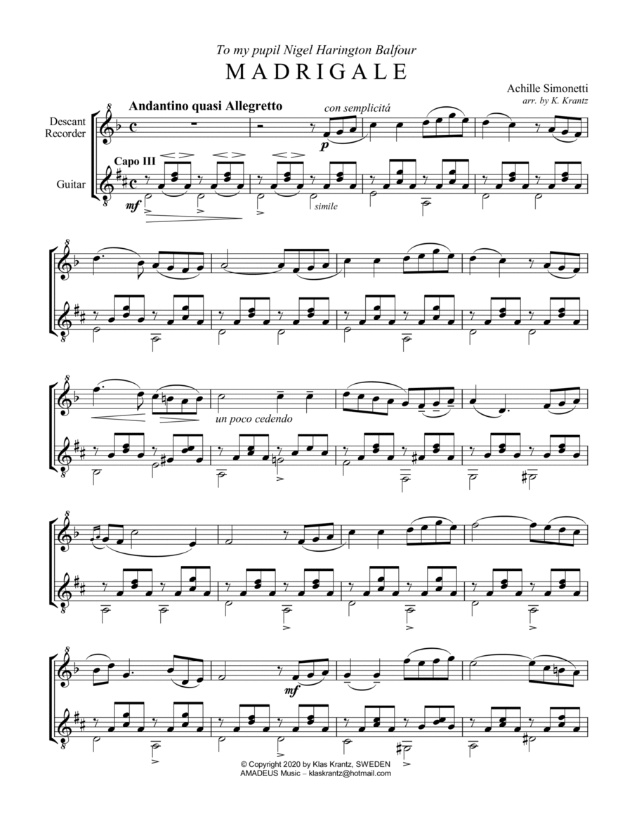 Madrigale for descant recorder and guitar (Capo III) image number null