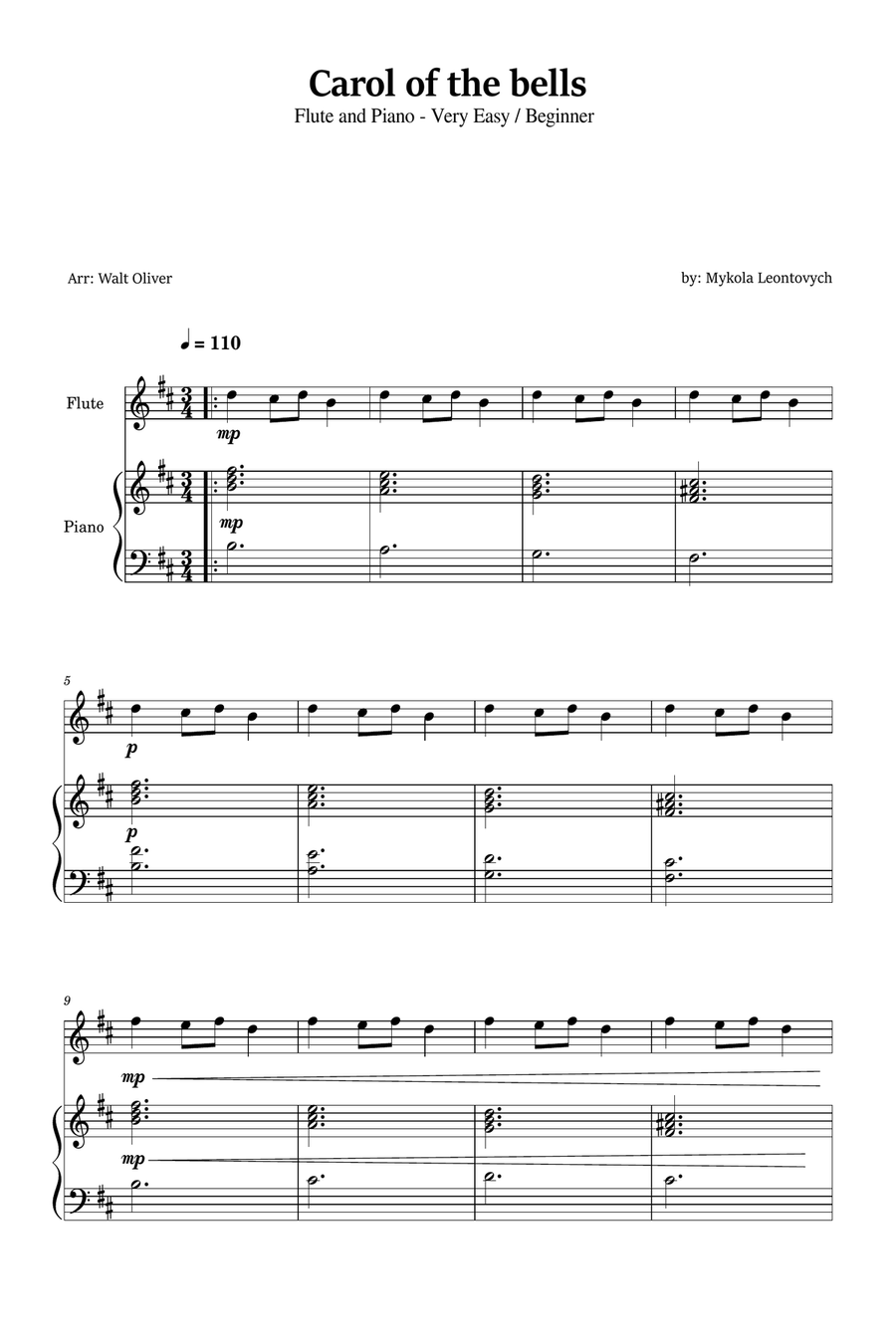 Carol of the Bells for Flute and Piano (Very Easy - Beginner) in B minor Flute scores gallery preview page 1