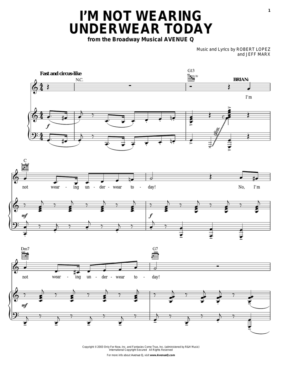 I'm Not Wearing Underwear Today (from Avenue Q) Piano, Vocal scores gallery preview page 1