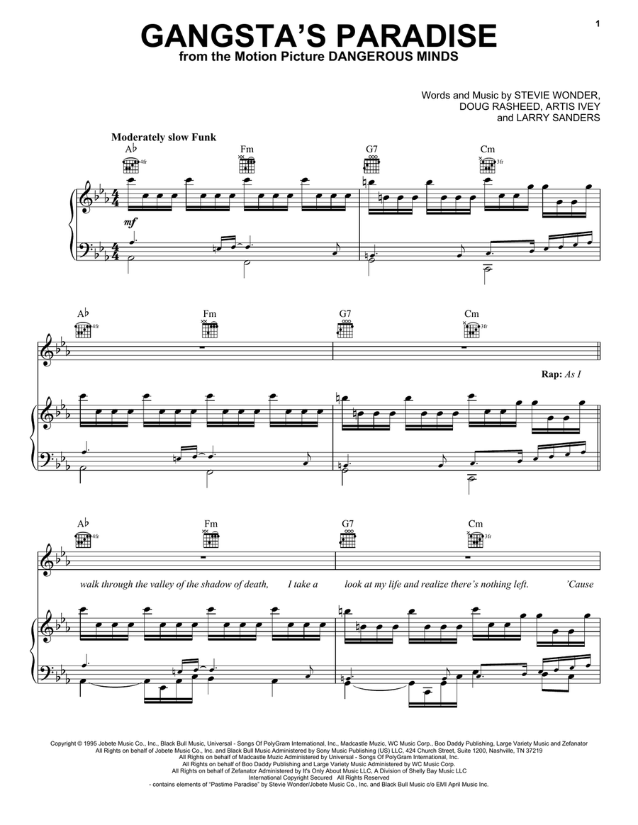Gangsta's Paradise (feat. L.V.) Piano, Vocal, Guitar scores gallery preview page 1