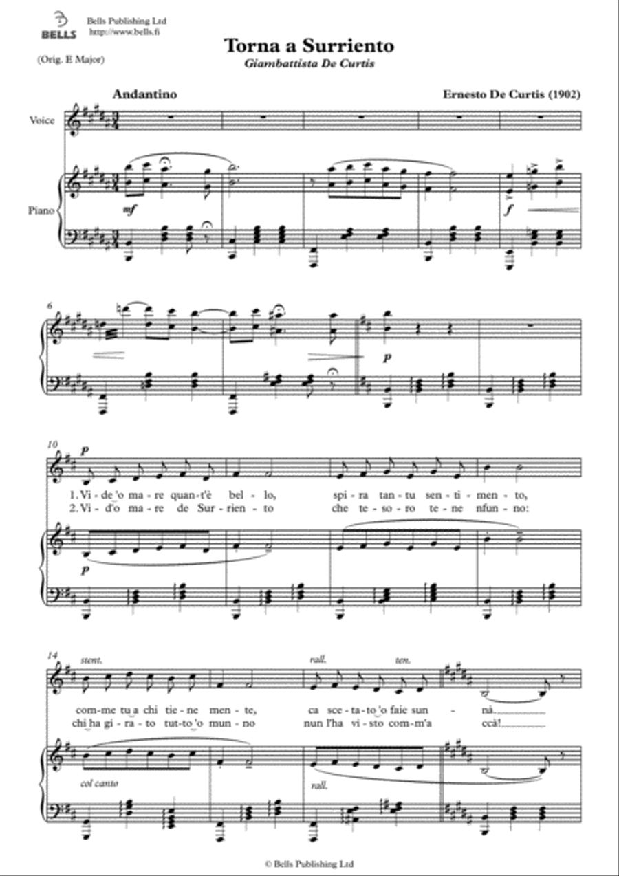 Torna a Surriento (B Major) Voice Solo scores gallery preview page 1