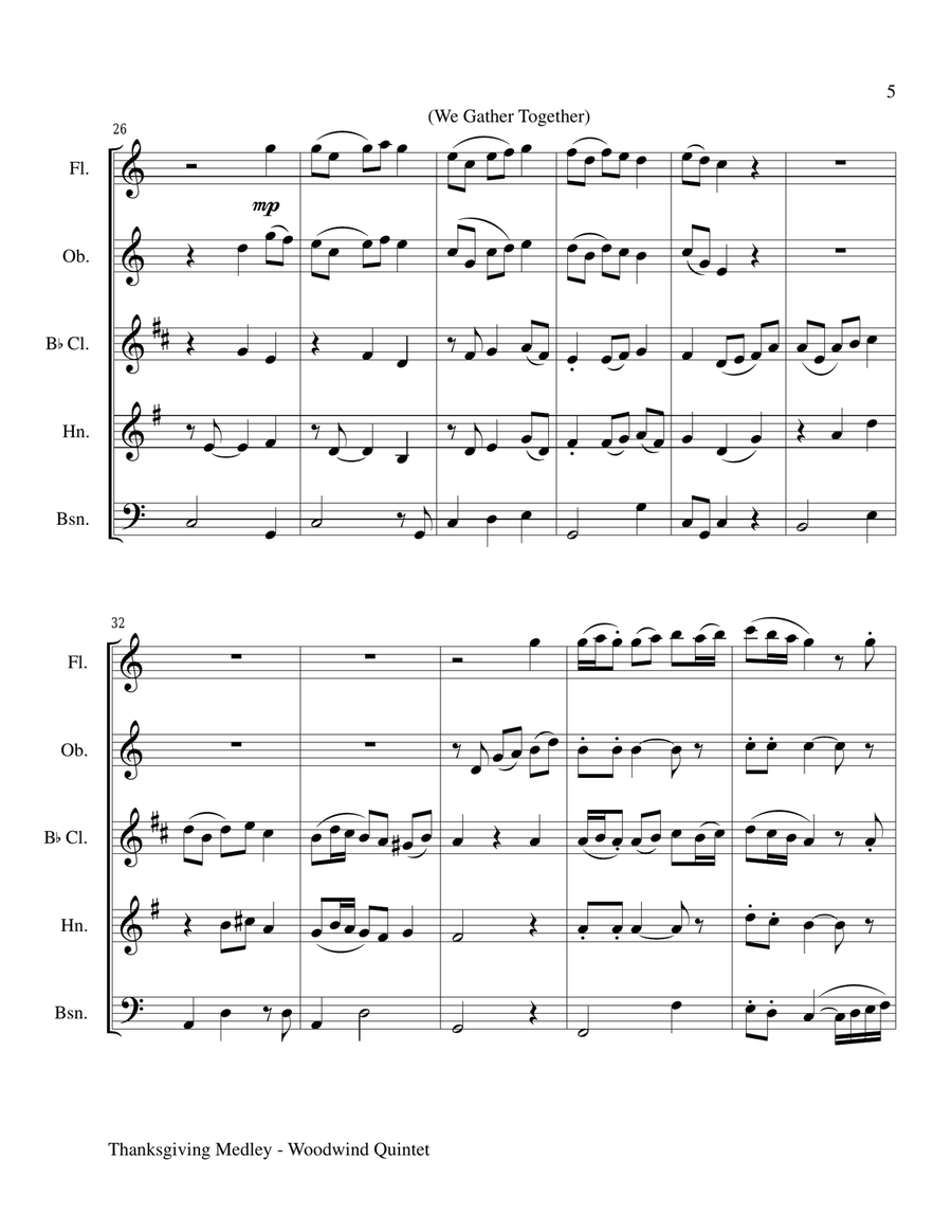 THANKSGIVING MEDLEY (Woodwind Quintet Score and Instrument Parts) image number null