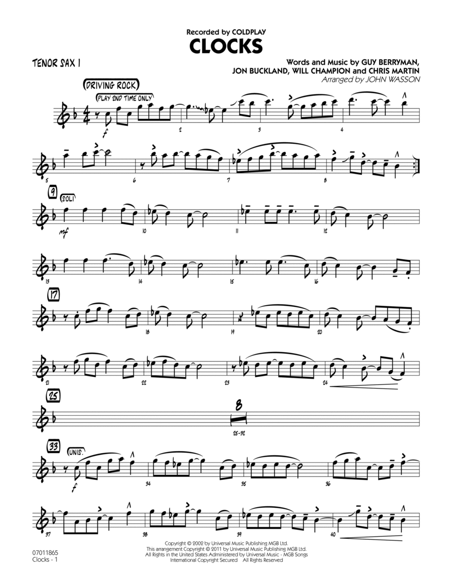 Clocks - Tenor Sax 1 Jazz Ensemble scores gallery preview page 1