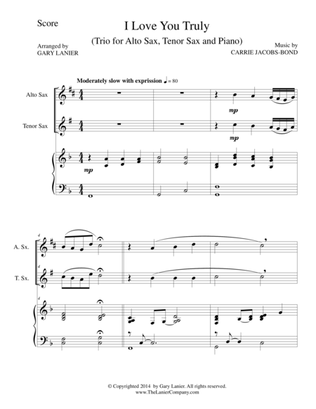 I LOVE YOU TRULY (Trio – Alto Sax, Tenor Sax, and Piano with Score and Parts)