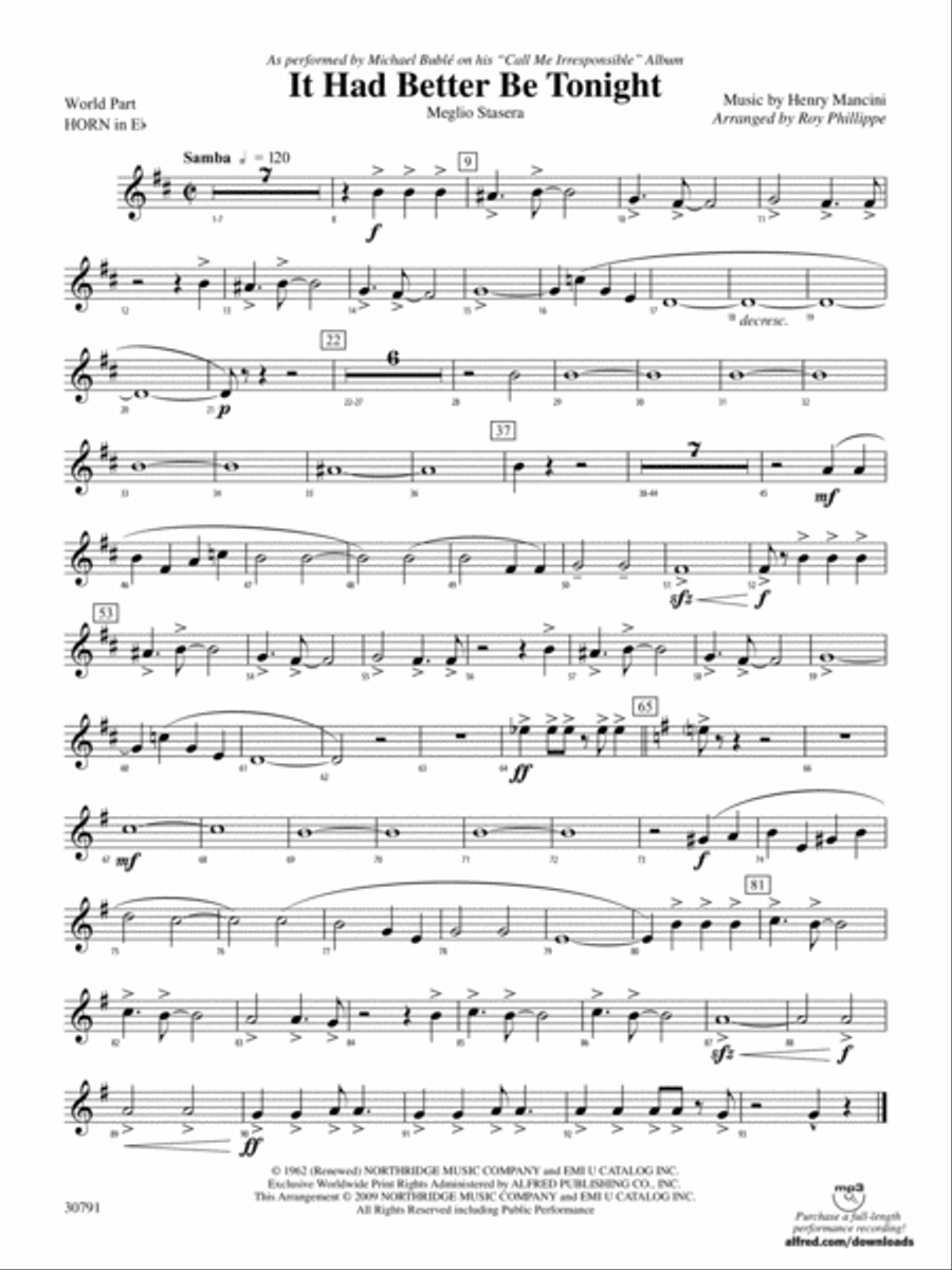 It Had Better Be Tonight (Meglio Stasera): (World Part) 1st Horn in E-flat Concert Band scores gallery preview page 1