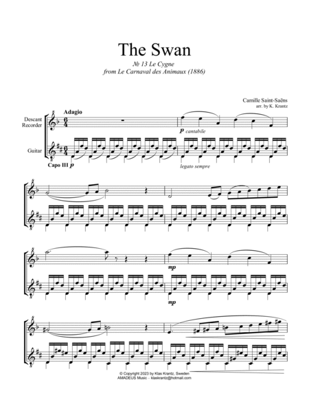 The Swan / Le cygne for descant recorder and guitar (Capo III) image number null
