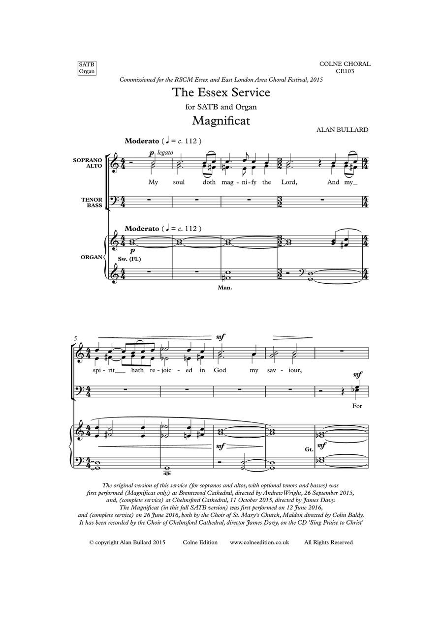 Essex Service (Magnificat and Nunc Dimittis) version for SATB and organ 4-Part scores gallery preview page 1