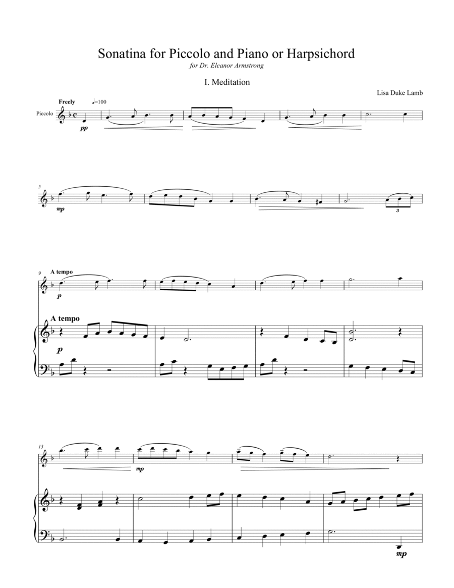 Sonatina for Piccolo and Piano (or Harpsichord) Piccolo scores gallery preview page 1