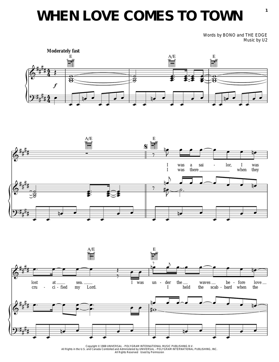 When Love Comes To Town Piano, Vocal, Guitar scores gallery preview page 1