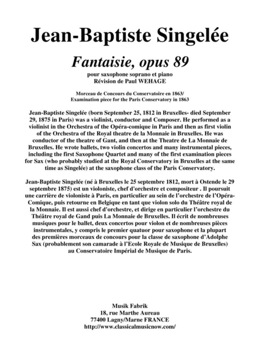 Jean-Baptiste Singelée: Fantaisie, opus 89 pour saxophone soprano et piano