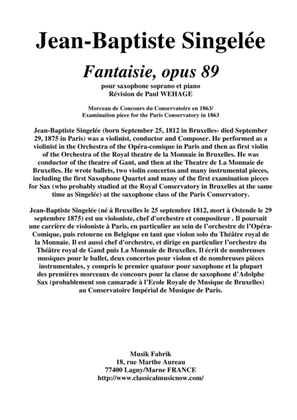 Book cover for Jean-Baptiste Singelée: Fantaisie, opus 89 pour saxophone soprano et piano