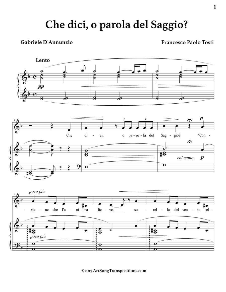 TOSTI: Che dici, o parola del Saggio? (transposed to D minor) Piano, Vocal scores gallery preview page 2