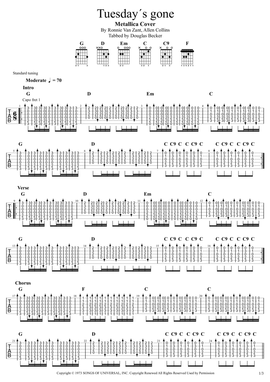 Tuesday's Gone Guitar Tablature scores gallery preview page 1