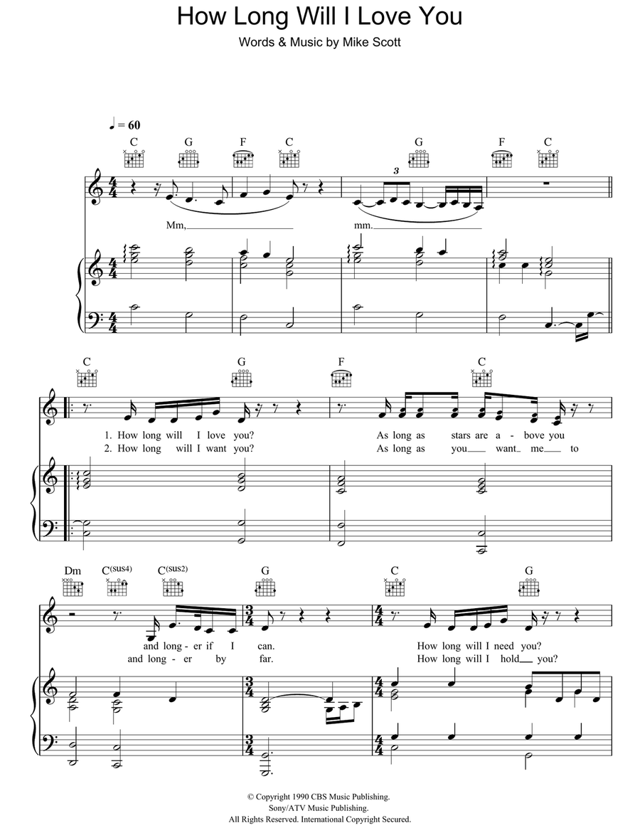 How Long Will I Love You Piano, Vocal, Guitar scores gallery preview page 1