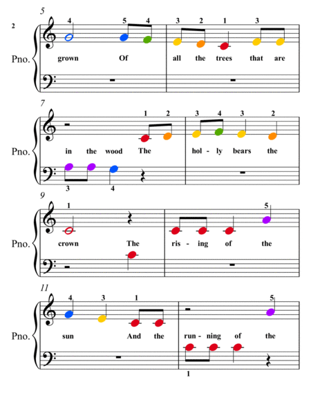 The Holly and the Ivy Beginner Piano Sheet Music with Colored Notation