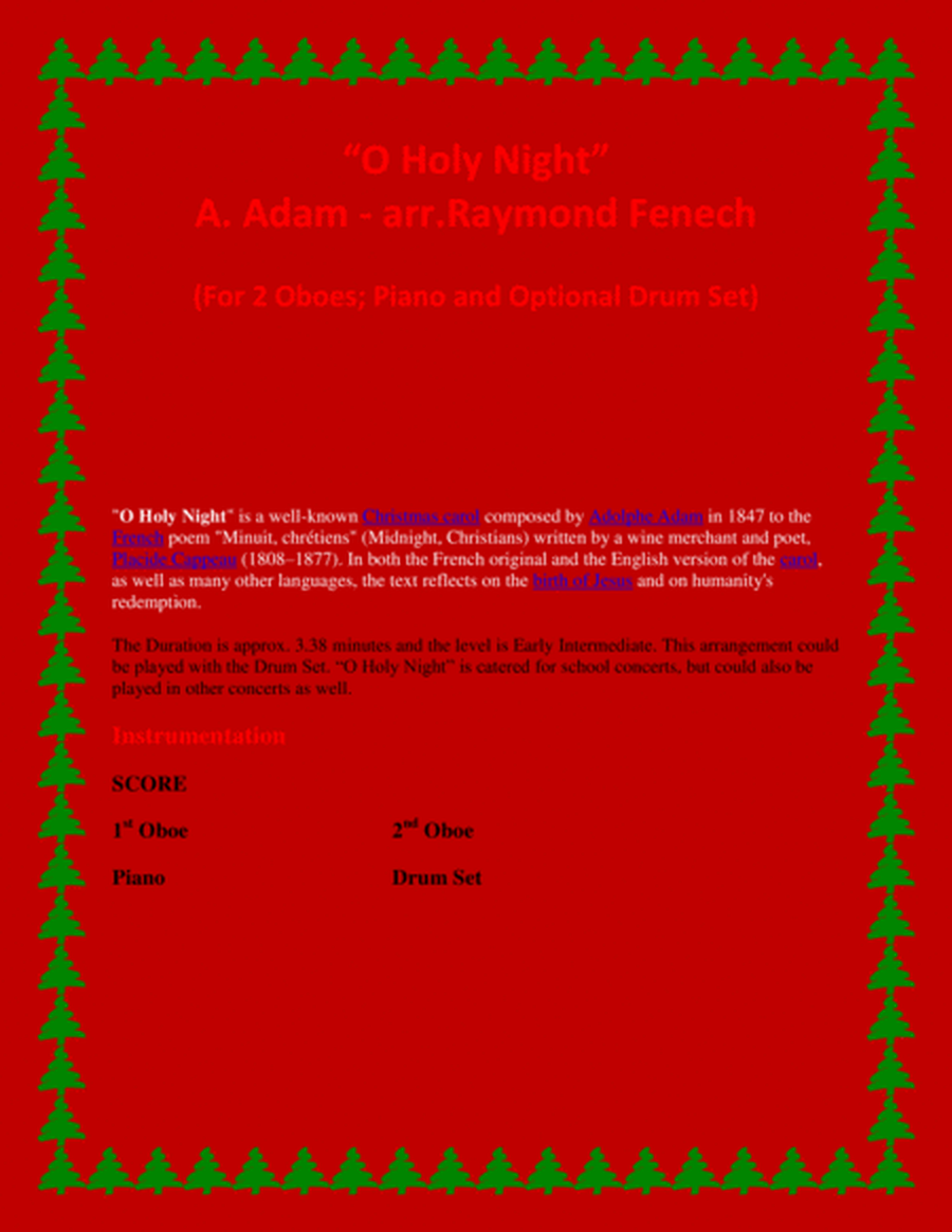 O Holy Night - 2 Oboes, Piano and Optional Drum Set - Intermediate Level image number null