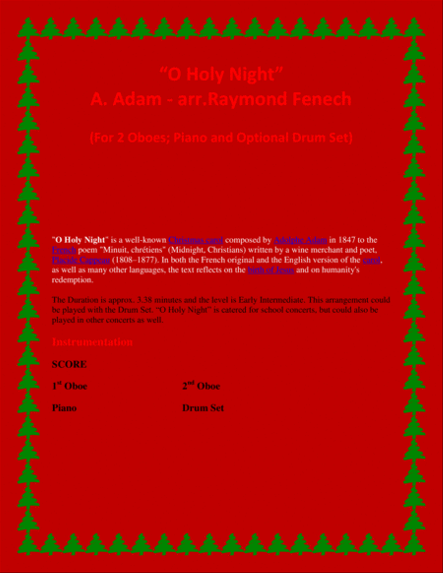 O Holy Night - 2 Oboes, Piano and Optional Drum Set - Intermediate Level Woodwind Duet scores gallery preview page 2