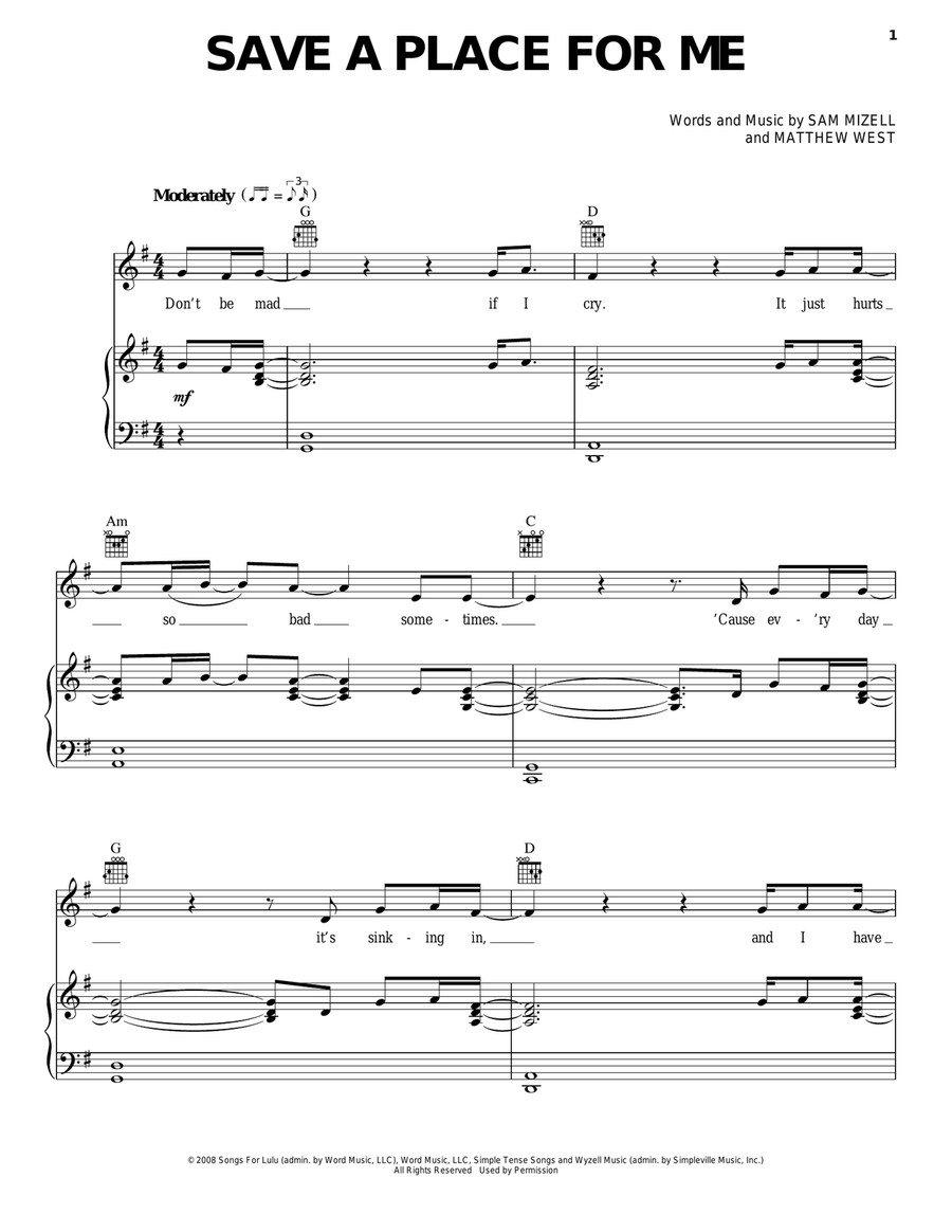 Save A Place For Me Piano, Vocal, Guitar scores gallery preview page 1