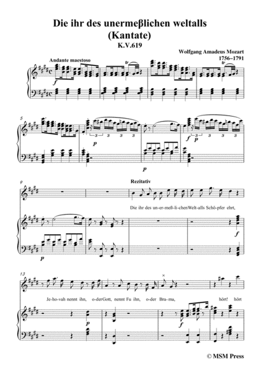 Mozart-Die ihr des unermeβlichen weltalls,in E Major,for Voice and Piano